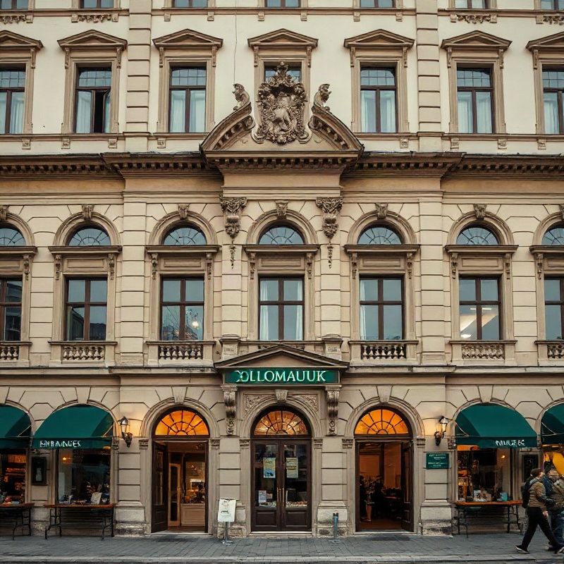 Historická budova v centru Olomouce se smaragdovým detailem označení
